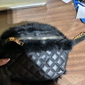 Black Quilted Fur-Trimmed Women's Bag